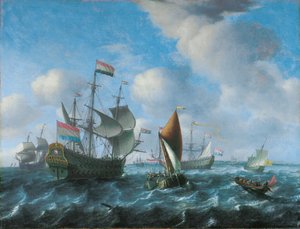 Un hombre de guerra, posiblemente Het Wapen van Utrecht, un wijdschip y un spiegelsloep en una brisa fuerte, 1671