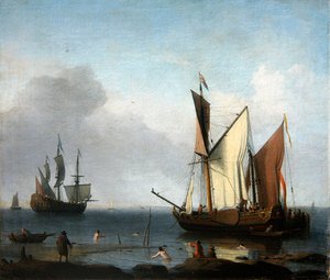 Una pintura marina: barcos holandeses anclados en una playa de Aernout Smit