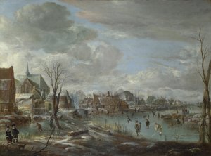 Un río congelado cerca de un pueblo, con golfistas y patinadores de Aert van der Neer