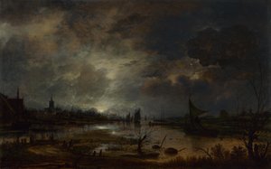 Un río cerca de una ciudad, a la luz de la luna, c. 1645