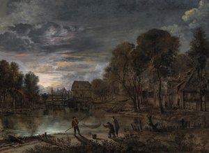 Un paisaje nocturno con pescadores de Aert van der Neer