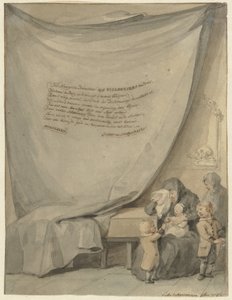 Viuda con cuatro hijos cerca de un ataúd de Aert Schouman