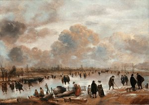 Un paisaje invernal con patinadores y habitantes del pueblo en un canal congelado de Aert van der Neer
