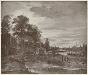 Paisaje fluvial a la luz de la luna con figuras