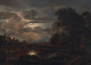 Paisaje nocturno con puente de Aert van der Neer
