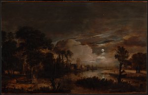 Paisaje iluminado por la luna con vistas al río Nuevo Amstel y al castillo de Kostverloren