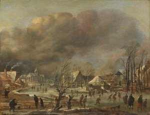 Nevada en un pueblo junto a un canal congelado, 1630-77 de Aert van der Neer