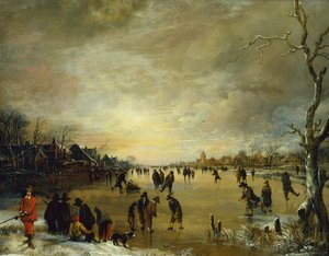 Paisaje de invierno al atardecer con personas jugando al golf y patinando de Aert van der Neer