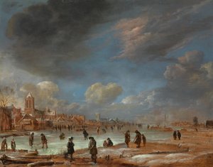 Paisaje invernal cerca de una ciudad con jugadores de Kolf de Aert van der Neer