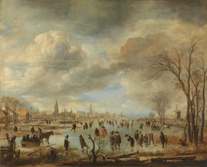 Paisaje invernal cerca de un pueblo con jugadores de lobo y trineos tirados por caballos de Aert van der Neer