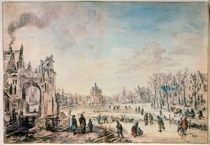 Paisaje de invierno con patinadores, pintura holandesa del siglo XVII