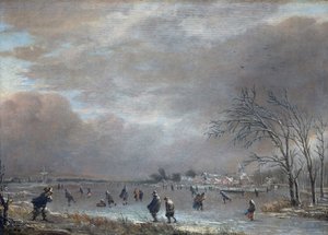 Paisaje de invierno con patinadores en un río congelado de Aert van der Neer