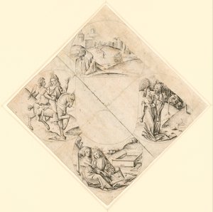 Diseño para un cuatrifolio con un castillo, dos amantes, una doncella tentada por un tonto, una pareja sentada junto a un abrevadero y un caballero y su amante montados en un caballo de After The Master of the Housebook