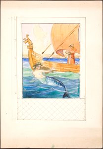 Ilustración para Oehlenschläger con sirena y un rey en un barco encajado en un marco de diseño