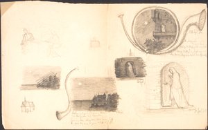 Hoja de bocetos con varios motivos y notas de Agnes Slott Møller