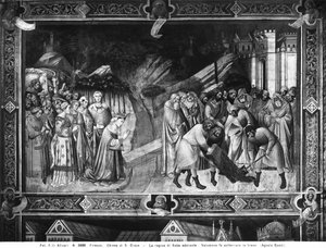 Reina de Saba adorando la cruz y Salomón enterrando uno de los maderos de la cruz