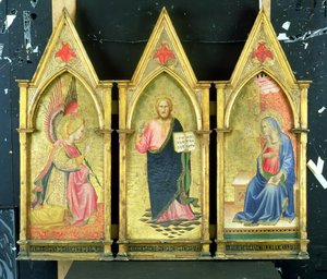 El Arcángel Gabriel; Cristo el Redentor; La Virgen Anunciada en paneles dorados de Agnolo Gaddi