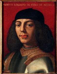 Retrato de Pedro II de Médici (1472-1503) (Piero di Lorenzo de Médici o Piero el Desafortunado) político y militar italiano, hijo de Lorenzo el Magnífico. Pintura de Agnolo Allori llamado el Bronzino (1503-1572), óleo sobre cobre Dim. 15x12 cm Palazzo Medi de Agnolo Bronzino