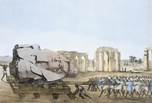 Modo en que se extrajo la cabeza del Joven Memnon, de Placas ilustrativas de las Investigaciones en Egipto y Nubia,Giovannie Battista Belzoni, Pub. 1822 (litografía en color) de Agostino Aglio