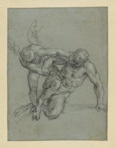 Cupido dominando a Pan (anverso); cabeza de un monje; caricatura de un hombre de perfil (reverso) de Agostino Carracci