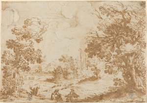 Paisaje con dos lavanderas de Agostino Carracci