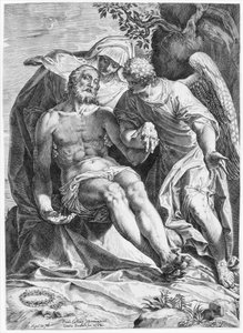 Piedad, Cristo sostenido por la Virgen y un ángel a la derecha, 1582 de Agostino Carracci