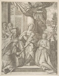 El matrimonio místico de Santa Catalina que se sienta en el centro con el niño Cristo, ángeles...