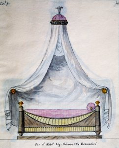 Cama con dosel para el Sr. Brancadori, del Lavori di falegname e Fabbro ideati e disegnati da me Agostino Fantastici, manuscrito 3, lámina 4
