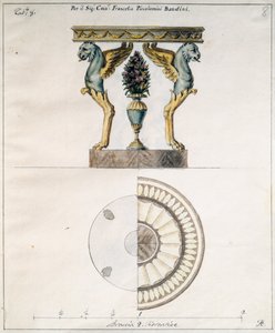 Mesa de café diseñada por Agostino Fantastici para Francesco Piccolomini Bandini, dibujo, Italia