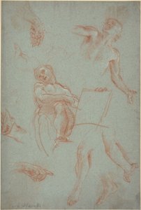 Hoja de estudios con figuras, manos y pies