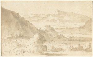 Paisaje de montaña con un lago y un castillo de Agostino Tassi (possibly)