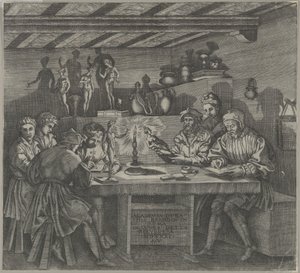 Baccio Bandinelli en su estudio sosteniendo una estatuilla de Venus, estudiantes dibujando de Agostino Veneziano