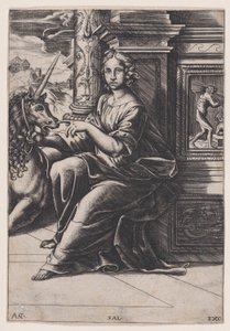 Castidad, una mujer sentada, un unicornio a su derecha, c. 1515-30 de Agostino Veneziano
