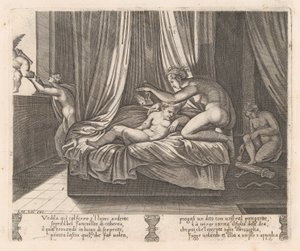 Placa 13: Psique mirando a Cupido, de la historia de Cupido y Psique contada por Apuleyo, 1530-60 de Agostino Veneziano