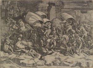 La batalla entre Escipión Africano y los cartagineses ("La batalla del cuchillo") de Agostino Veneziano