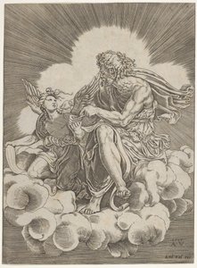 San Mateo, sentado en una nube y mojando una pluma en un tintero sostenido por un ángel..., ca. 1518-20