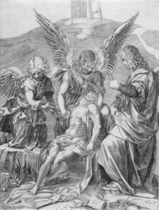 El cuerpo de Cristo sostenido por tres ángeles, 1516 de Agostino Veneziano