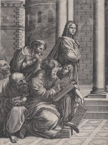 El grupo de la Escuela de Atenas de Rafael, fechado en 1523 de Agostino Veneziano