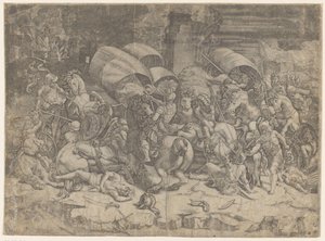 Batalla entre romanos y cartagineses, c. 218-201 a.C.
Batalla con un rompecorazones de Agostino Veneziano