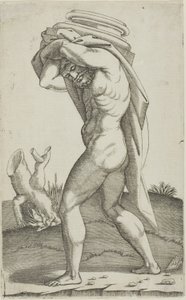 Hombre llevando la base de una columna de Agostino dei Musi