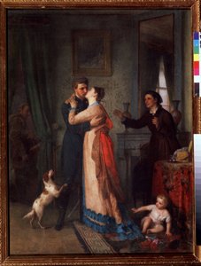 Regreso de la guerra (Return after the War). Un soldado abraza tiernamente a su esposa, a su alrededor su madre y el perro de la casa se precipitan emocionalmente hacia él. En el suelo un niño pequeño tiene un gesto de retroceso. En el fondo, un hombre con