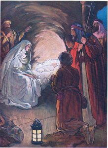 El niño Jesús y los pastores, de The Bible Picture Book publicado por Thomas Nelson, c.1950 (litografía en color)