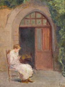 Niña sentada fuera de La Boissiere, c.1909 de Albert de Belleroche