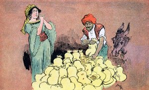Alí Babá muestra las bolsas de oro a su esposa Ilustración de Albert Robida para Alí Babá y los cuarenta ladrones 1945 Colección particular de Albert (after) Robida