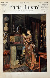 Chucherías chinas. Una mujer europea vestida a la oriental observa su colección de objetos chinos. Ilustración de Albert Aublet (1851-1938). Grabado de 1887 en “Paris-Illustrous journal weekly” de Albert Aublet