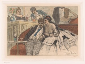 Hombre y mujer sentados en un banco rojo cerca de la barra de un teatro
Le gandin ivre de Albert Bertrand (attributed to)