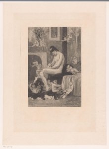 Mujer desnuda en el borde de una cama rodeada de demonios jugando
La mère aux Satyrions