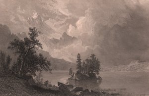 Vista del lago Esther, Sierra Nevada, California, Estados Unidos, grabado en acero de Robert Hinshelwood (1812-después de 1875) según pintura de Albert Bierstadt (1830-1902), 19x14 cm aprox. de Albert Bierstadt