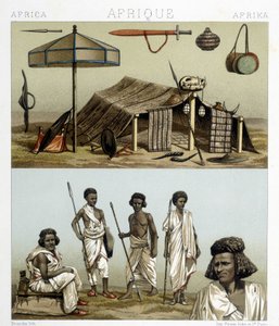 Campamento y vestimenta tradicional de Nubia. Ilustración en “Le costume historique” de Racinet de Albert Charles August Racinet