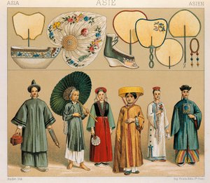 Ropas de mujeres chinas y de la región de Tartaria, ilustración de La Historia Completa del Traje por Auguste Racinet de Albert Charles August Racinet